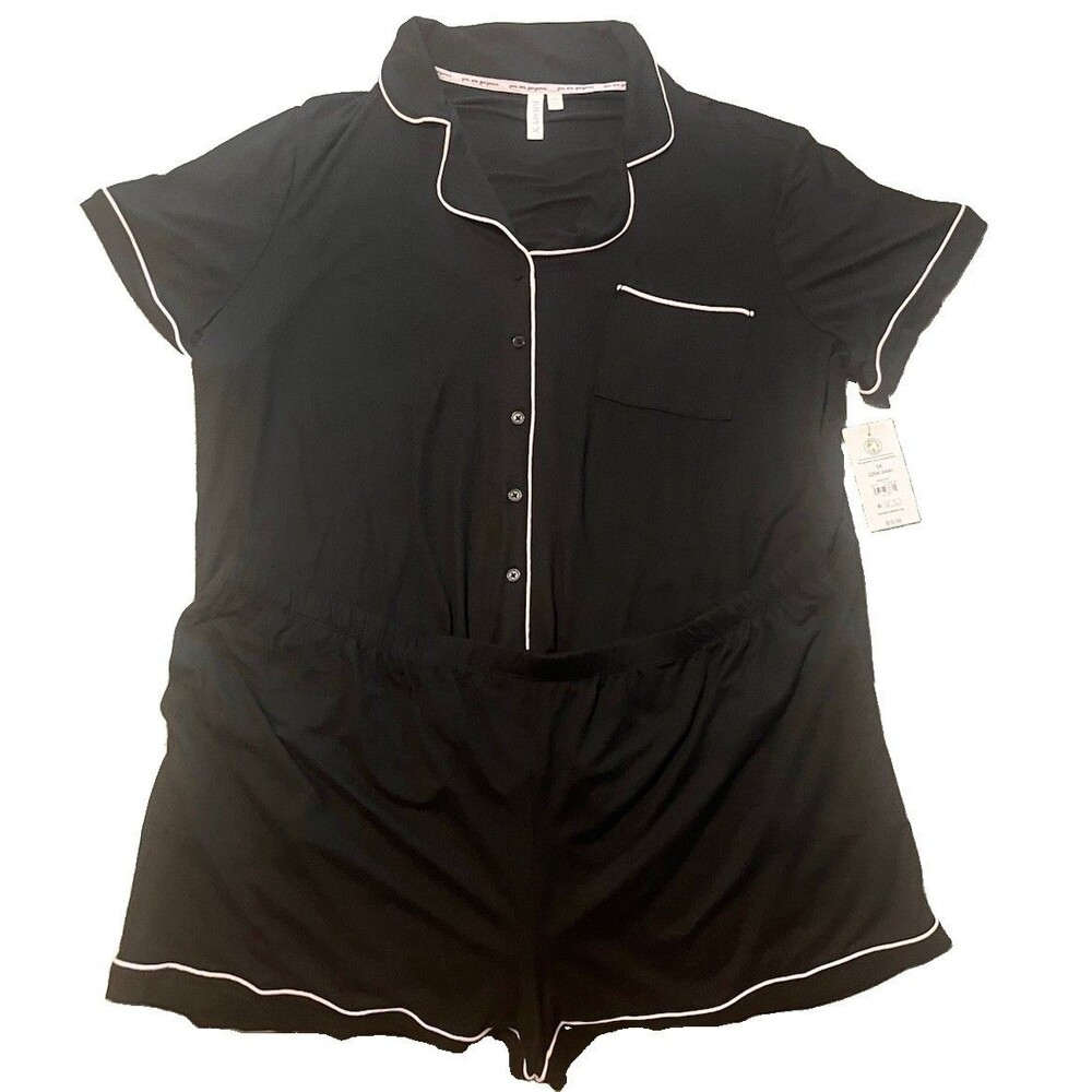Joyspun Black with Pink Piping Soft Knit Collared Button Up Pajama Set 2pc 3XL